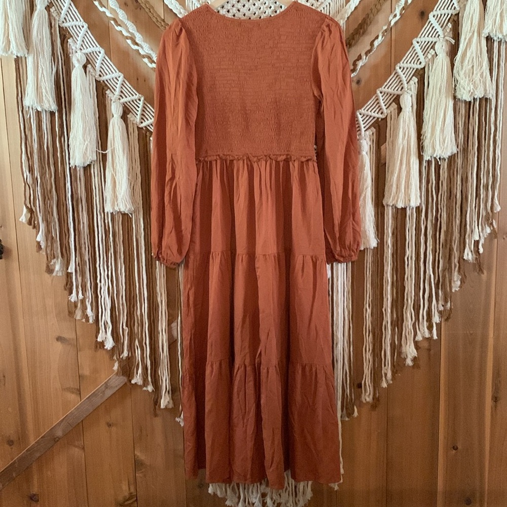 Merokeety Brown Boho Peasant Tired Maxi Dress Size S - Picture 9 of 9